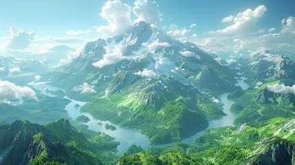   Aerial shot of mountain range with river in the foreground and lush trees - obrazy, fototapety, plakaty