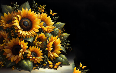 A bouquet of sunflowers with bees flying around them with isolated black background, generative ai