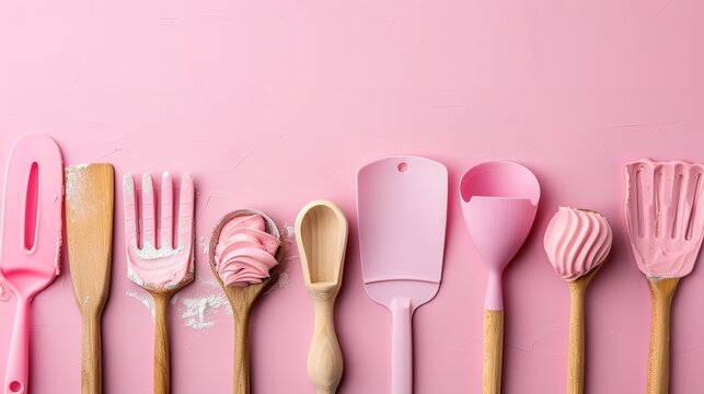 Top view of bakery tools are kept on a pink backdrop with a big space for text or product advertisement, Generative AI.