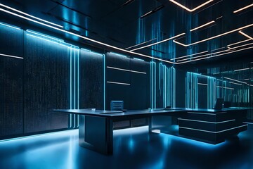 A futuristic office space with sleek metallic accents, a large desk, and high-tech wall panels...
