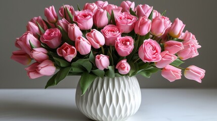   White vase with pink tulips on white table against gray backdrop