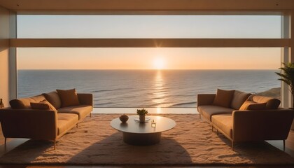 Contemporary living room overlooking the ocean. The concept of exotic luxury living on the ocean coast.
 - obrazy, fototapety, plakaty
