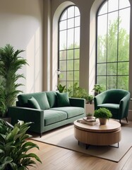 A tastefully decorated living room featuring deep green sofas, arched windows, and lush indoor plants creating a serene ambiance.