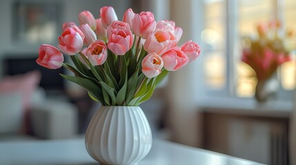   A white vase holding pink tulips rests atop a table near the living room window