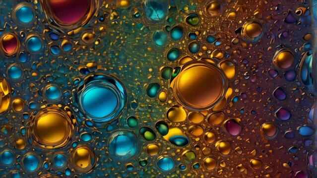 Colorful oil droplets floating on water surface. Generative AI Video. ProRes LT 59.94 FPS available in 4K 16:9.