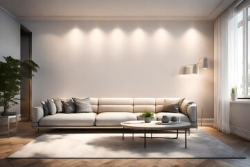 A sleek, empty solid wall mockup in a contemporary living room with soft ambient lighting, showcasing its potential for custom artwork or design elements.
