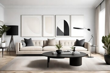 A sleek, minimalist living room with a wall mockup showcasing modern art.