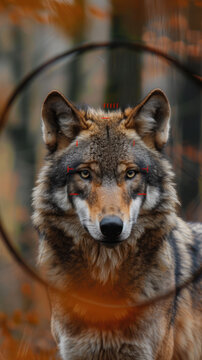Wolf in telescopic lens, crosshairs, forest background, photography style, rich colors and details, 8K, UHD 
