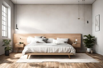 A serene bedroom setting with an empty solid wall mockup, awaiting custom artwork or inspirational quotes to enhance the atmosphere.