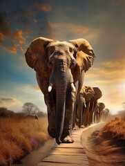 elephant in the sunset - obrazy, fototapety, plakaty