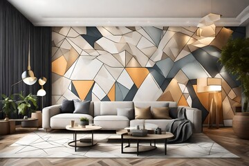 A geometrically inspired living room design with an abstract wall mockup, creating a visually striking and modern atmosphere.