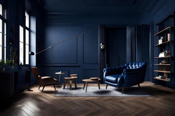 Minimalist interior featuring a luxurious leather armchair, wooden floors, and a sophisticated dark blue wall.