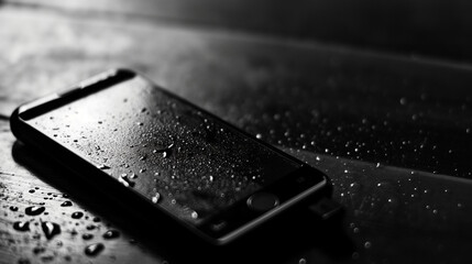 wet cellphone on the table, rainy weather, black and white
