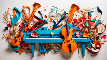Colorful collage of musical instruments, notes and colors - obrazy, fototapety, plakaty