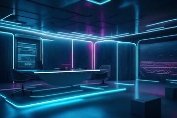 A futuristic office environment with a sleek solid wall mockup, demonstrating potential for cutting-edge tech-themed graphics.