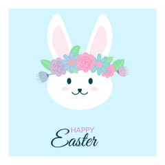 Easter rabbit with spring flowers and leaves. Cute vintage bunny isolated on blue background. Vector illustration, spring card with text 