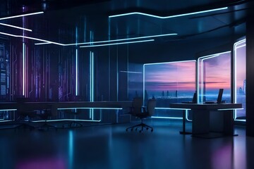 A futuristic office environment with a sleek solid wall mockup, demonstrating potential for cutting-edge tech-themed graphics.