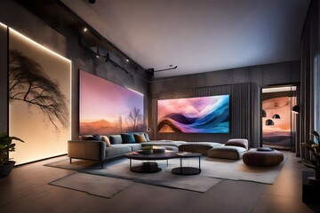 A high-tech living space with smart lighting and integrated audio, featuring a wall mockup displaying a digital art installation that changes with the mood.