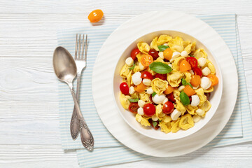tortellini salad with tomatoes, mozzarella in bowl