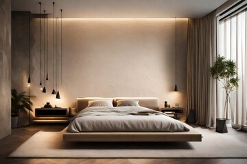 A minimalist bedroom with clean lines, neutral tones, and soft lighting. The textured wall adds depth to the space.