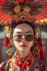 A beautiful woman wearing a traditional chinese costume, headdress and sunglasses