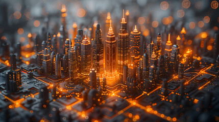 A macro perspective of a city resembling a glowing circuit board in warm orange tones