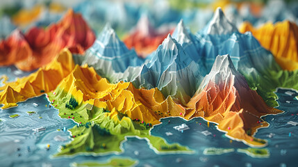A detailed topographic map displays a range of colorful mountains, valleys, and plains, illustrating geographical diversity