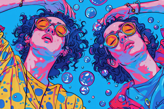 Vibrant Pop Art Illustration of Two People with Bubbles and Retro Sunglasses