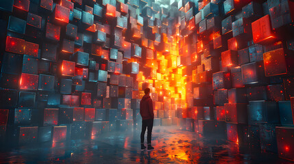 A solitary individual stands amidst an array of illuminated cubes, creating a visually striking matrix of light and color - obrazy, fototapety, plakaty