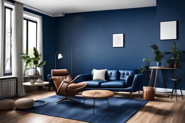 Naklejka na ściany i meble Cozy modern living room with a sleek leather armchair, wood flooring, and a deep blue accent wall.