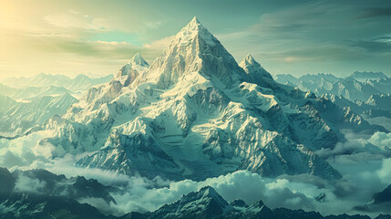 Snow-covered peaks rise majestically above the clouds under a serene sky, embodying the tranquil beauty of high-altitude landscapes - obrazy, fototapety, plakaty