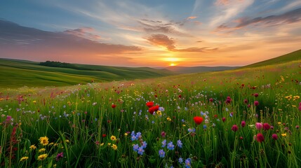 Fototapeta premium Golden Sunset Over Wildflower Fields./n