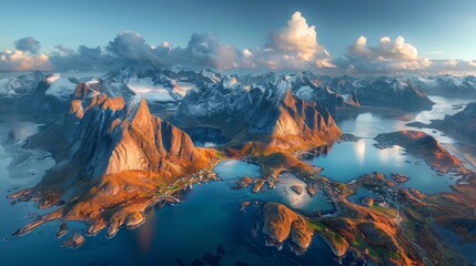   An aerial photo of a mountain range with a lake in front and sky behind - obrazy, fototapety, plakaty