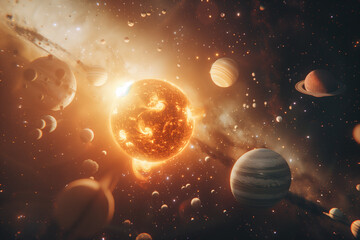Realistic solar system with all planets and the sun in space 