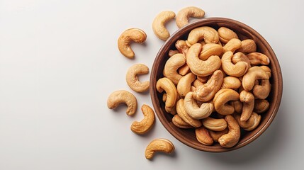 Top view of kaju or cashew nut in a bowl with a big space for text or product in a studio white backdrop, Generative AI. - obrazy, fototapety, plakaty