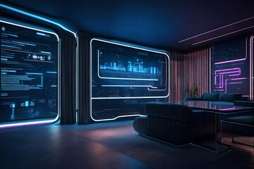 A futuristic living area with smart home technology, featuring a wall mockup displaying interactive digital art that responds to ambient conditions.