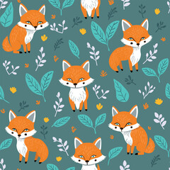Obraz premium Children's pattern with foxes. Fairytale foxes sit and stand on a green background between branches, leaves and flowers. Wallpaper and decoration for a children's room.