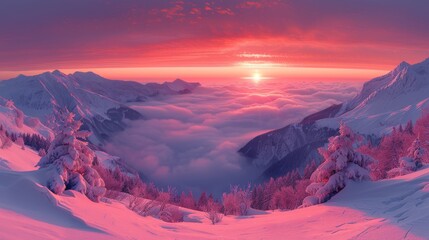   The sun sets over a mountain range dusted with snow, with snow-covered trees and snow-capped peaks surrounding it