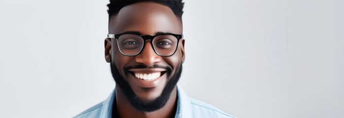 Portrait of smiling young African American man wearing optical glasses on white background with space for text - Powered by Adobe