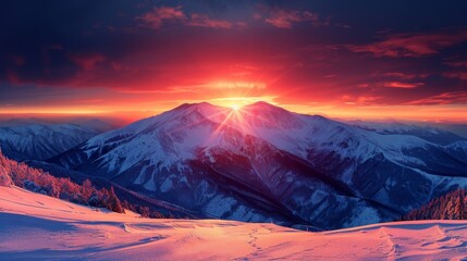   The sun sets behind a snow-capped mountain with surrounding snow-topped peaks and trees