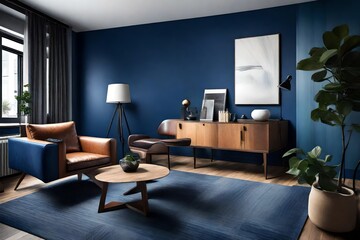 Cozy modern living room with a sleek leather armchair, wood flooring, and a deep blue accent wall.