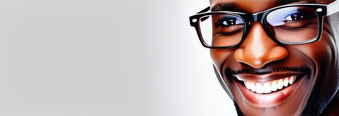 Portrait of smiling young African American man wearing optical glasses on white background with space for text