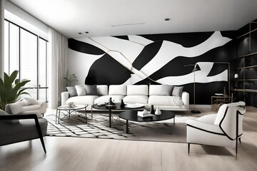 A high-contrast, black and white themed living room with an avant-garde wall mockup, exuding modern elegance.