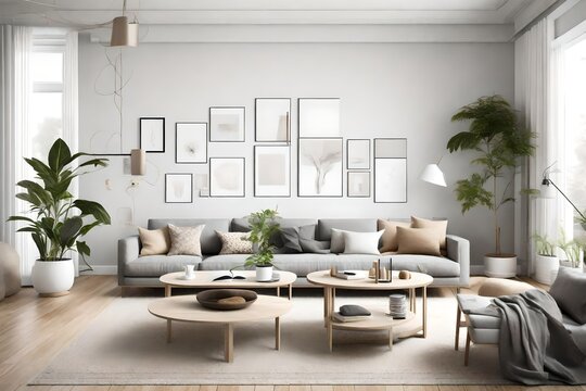 A Scandinavian-inspired living room with a clean and minimalistic wall mockup, emphasizing functionality and timeless design.