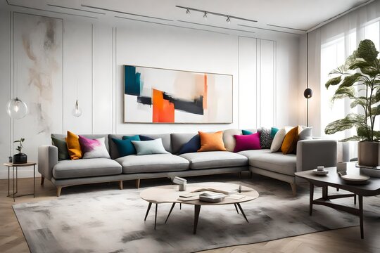 A sleek, minimalist living room with a large L-shaped sofa, adorned with vibrant cushions, and a contemporary wall mockup displaying abstract art.