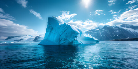 White Iceberg floating in clear blue water sea, under and above water view, iceberg in the ocean, Iceberg in Antarctica, iceberg in polar regions