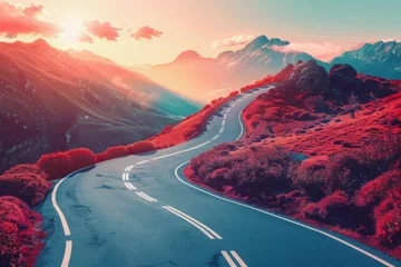 Fotobehang Serene Sunset Mountain Drive: Scenic Road Amidst Vibrant Nature © Yulia