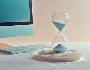 A sleek, modern hourglass with white sand, sitting beside a minimalist computer setup, contrasting the timeless measurement of sand with digital technology.