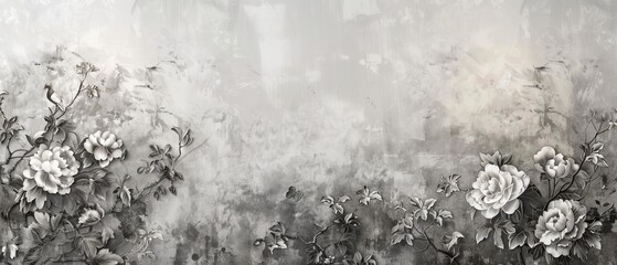 Black and gray watercolor texture Chinese cloud decorations. Abstract art landscape with crane birds and hand drawn peony flowers.