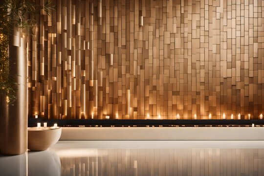 A high-definition photograph of an empty solid wall mockup in a luxury spa, highlighting the calming atmosphere and potential for wellness-focused visuals.